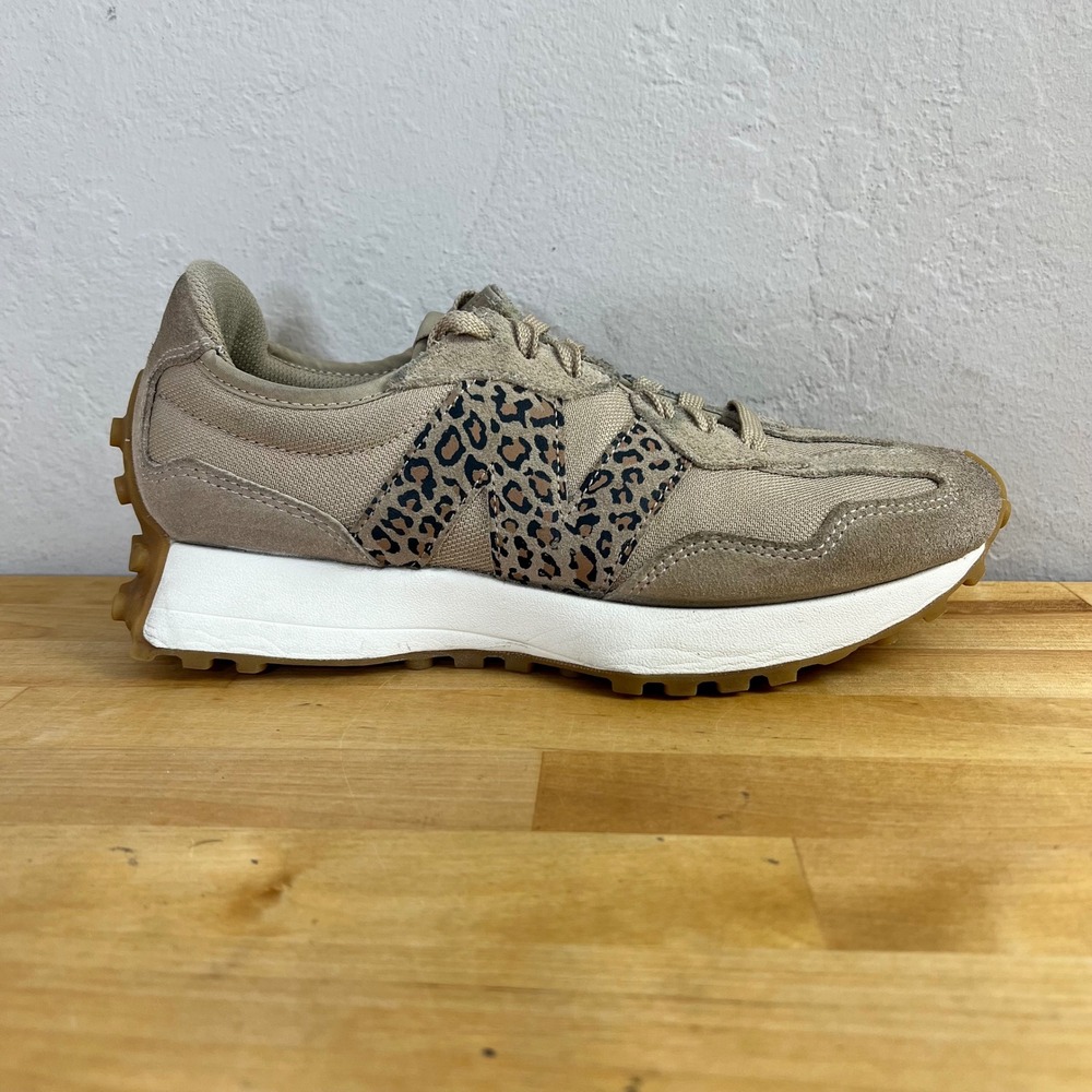 New Balance Sneakers 327 Women Size 9 Tan Leopard Print Suede Mesh Shoes